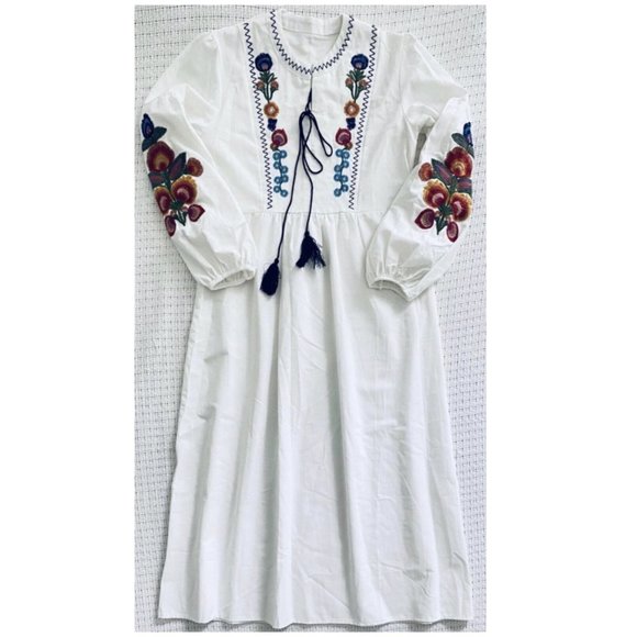 green emerald velvet dress White Smocked Collar Long Sleeve Tunic Dress OR Top with Vibrant Pink &  Blue Embroidery & Keyhole Tassel Tie
